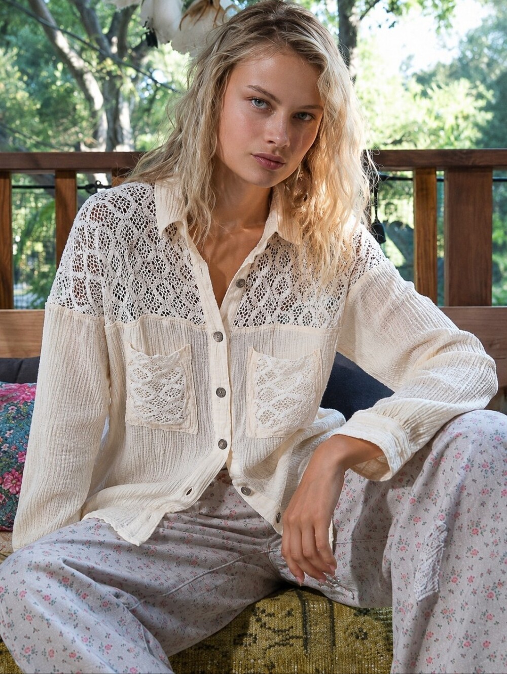 POL Cream Lace Crochet Button Down Gauze Boho Shacket Oversized - Picture 2 of 10